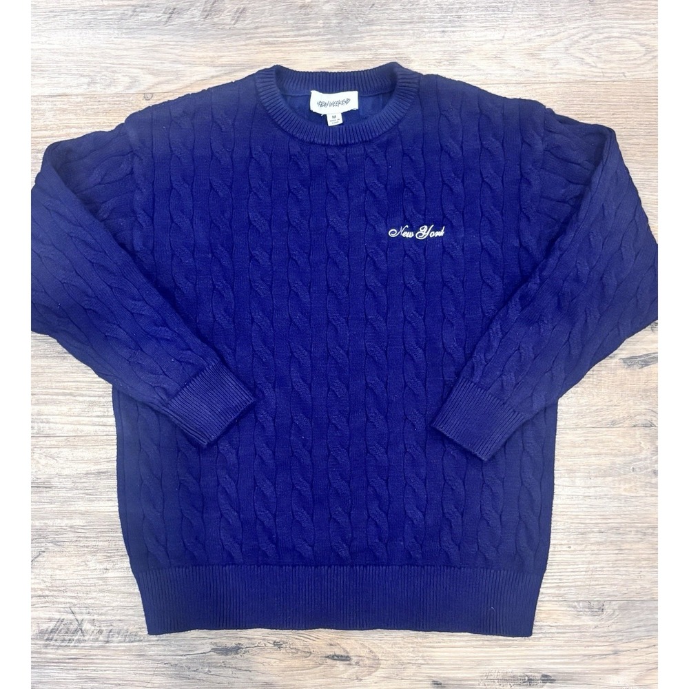 Urban Weekend Women Embroidered NY Cable Knit Sweater Blue Medium Soft Cozy Core